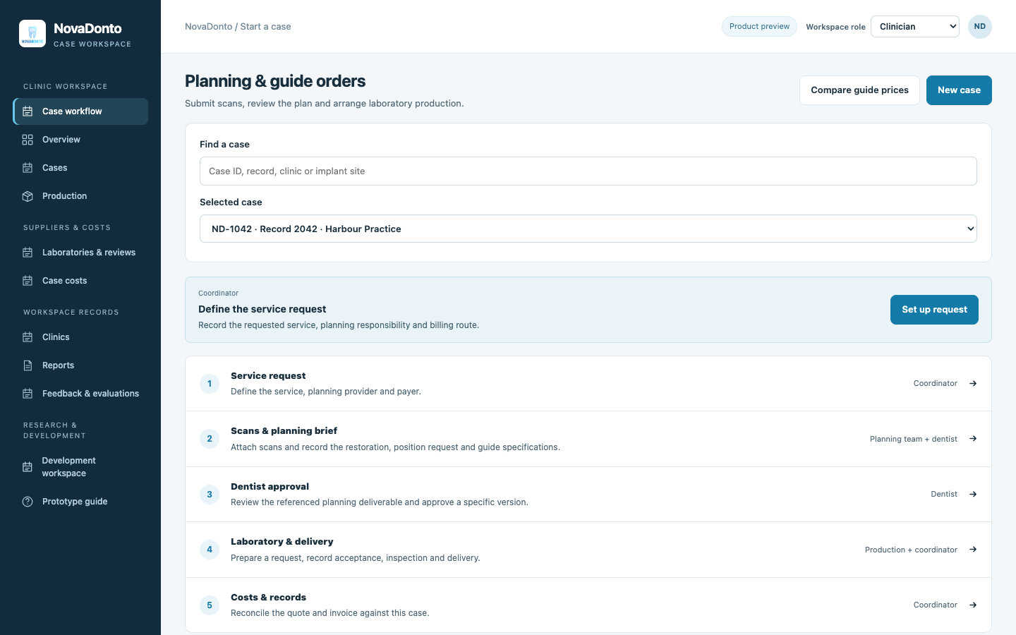 NovaDonto case workspace showing case information and the review workflow