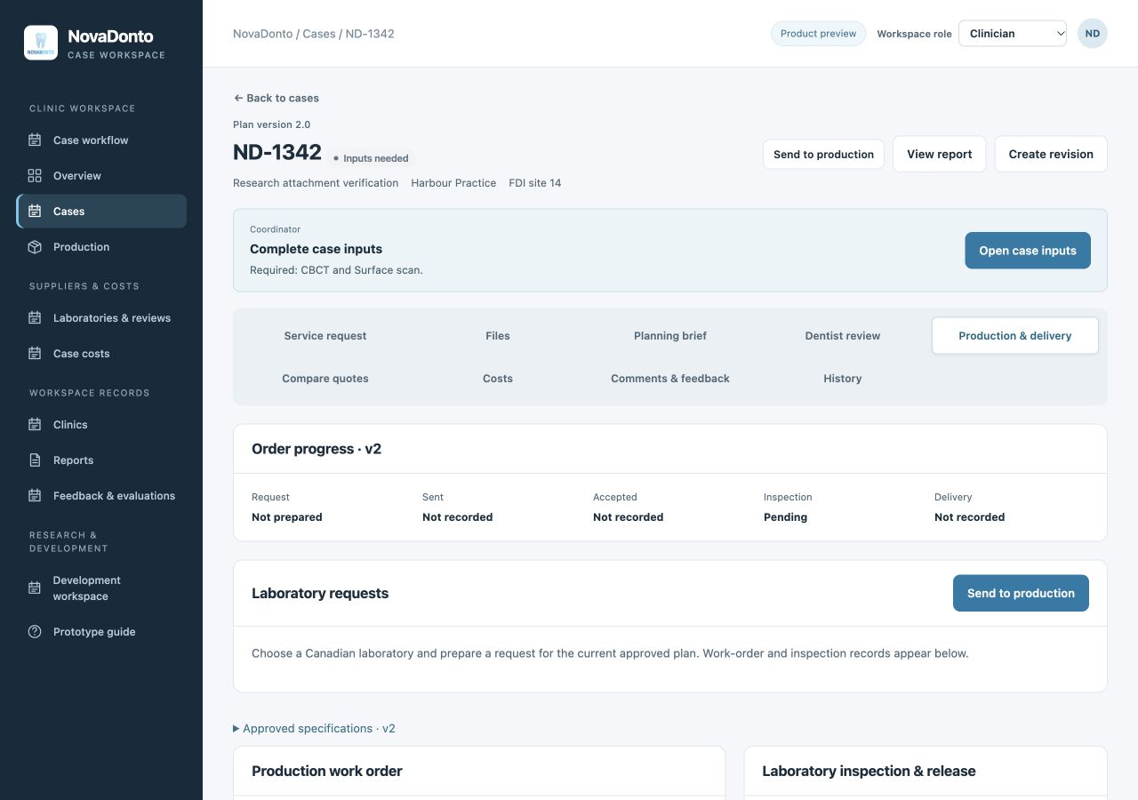 Production workspace with order stages and laboratory requests